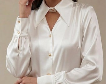Seidenbluse Frauen Weiß, Italienisches Seidenhemd, Elegante Langarmbluse, Büroarbeit Top, Retro Kragen Detail, Luxus Business Outfit