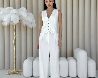 White Linen Suit, Women Wide Leg Pants and Vest Elegant, Two Piece Set, Minimalist Summer Outfit, Sleeveless Linen Set, Wedding Guest Look