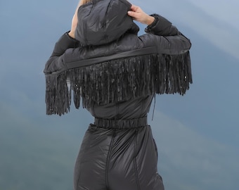 Skisuit fringed Woman ski wear black ski suit Ski suit women ski jumpsuit Country winter style Winter womens snowsuit Ski jumpsuit onesie