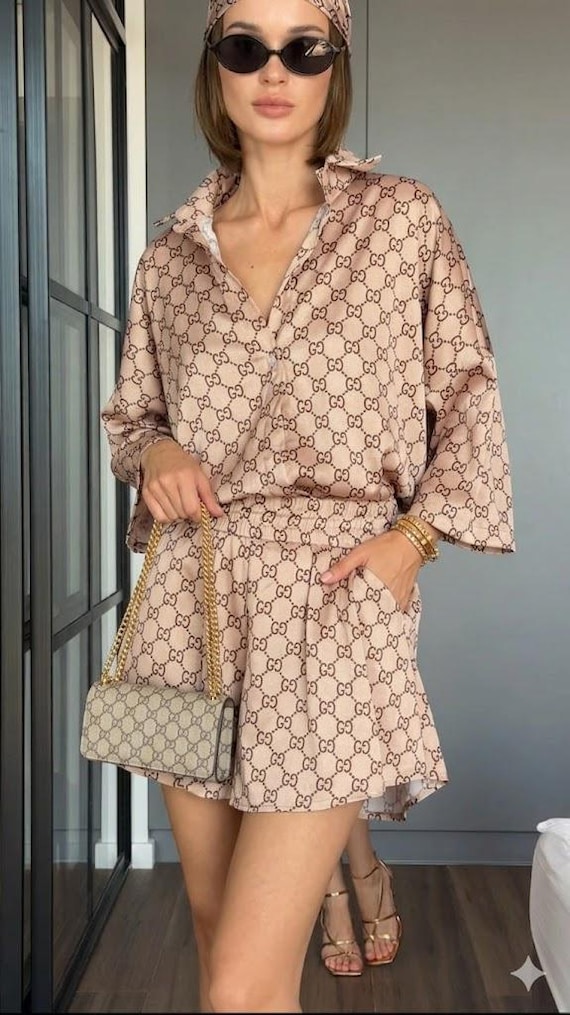 3 Piece Silk Set, Printed Shirt Shorts and Headscarf, Beige Silk Co-ord Luxury Loungewear, Summer Resort Wear, Women Silk Pajamas