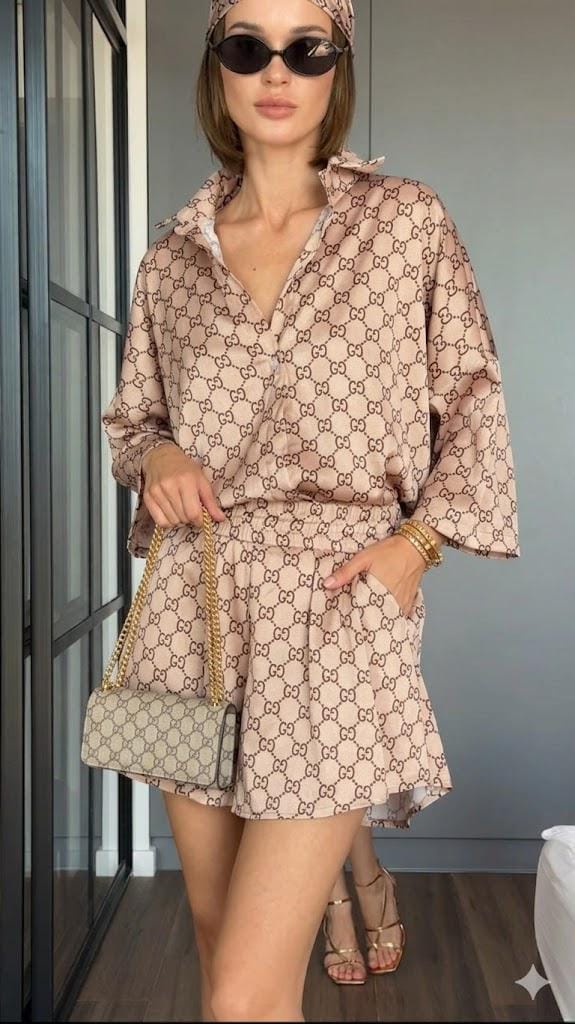 3 Piece Silk Set, Printed Shirt Shorts and Headscarf, Beige Silk Co-ord Luxury Loungewear, Summer Resort Wear, Women Silk Pajamas