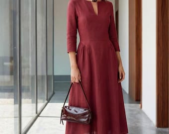 Tencel Midi-Kleid für Frauen, Elegantes A-Linien-Kleid mit 3/4 Ärmeln, Feminine Taille Kleid, Minimalistisches Abendkleid, Nachhaltiges Outfit