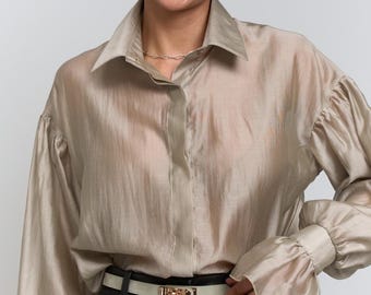 Elegant Tencel Shirt for Women – Soft Silky Champagne Blouse, Long Sleeve with Puffy Cuffs, Minimalist Work & Everyday Top