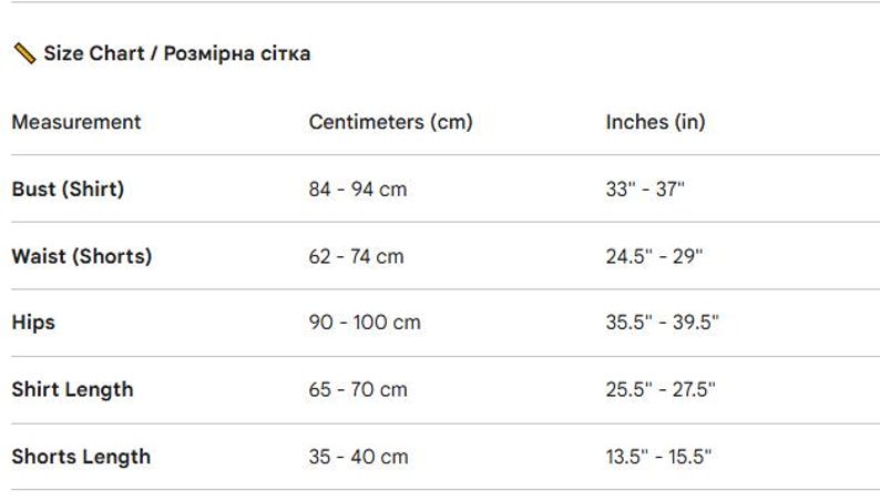 Puede incluir: Una tabla de tallas con columnas para medida, cent&iacute;metros y pulgadas. Las filas enumeran el busto para camisas de 84-94 cm, la cintura para pantalones cortos de 62-74 cm, las caderas de 90-100 cm, el largo de camisa de 65-70 cm y el largo de pantal&oacute;n corto de 35-40 cm.