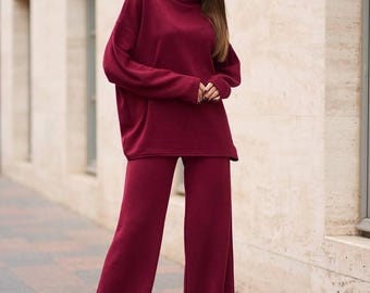 Conjunto de dos piezas de punto de angora rojo con cuello vuelto, ropa de estar por casa extragrande para otoño e invierno, conjunto cómodo de pierna ancha.