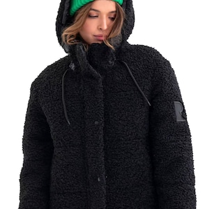 Women Black Puffer Jacket – Oversized Short Eco Shearling Winter Coat with Hood, Warm Synthetic Down Outerwear Gift for Her