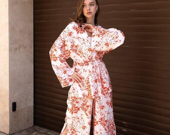 Orange Kimono Set with Slit Palazzo Pants, Women Summer Co-ord Set, 2 Piece Outfit, Crinkle Crepe Resort Wear, Bohemian Style Set