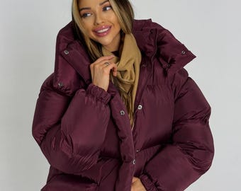 Burgundy Oversized Puffer Jacket – Waterproof Eco Down Winter Coat with Belt