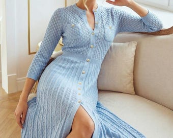 Vestido midi de punto para mujer / Vestido de algodón con botones y corte en A / Vestido casual con detalles de ganchillo / Vestido elástico para primavera y verano