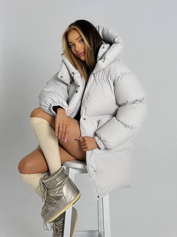 Ivory Oversized Puffer Jacket – Eco Down Winter Coat With Belt