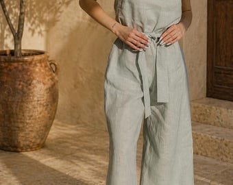 Mono de lino para mujer, conjunto de ropa de lino, mono de lino con pantalón de pierna ancha, conjunto de lino sin mangas, mono holgado de talla única.