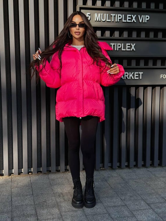 Fuchsia Oversized Puffer Coat – Matte Quilted Winter Jacket With