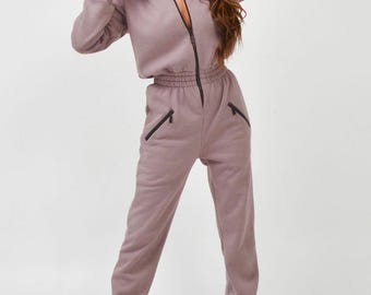 Mono de algodón con forro polar para mujer / Mono deportivo de invierno con cremallera / Traje de una pieza con capucha térmica / Mono de estar por casa de mezcla de algodón suave
