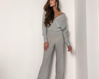 Svart glitterlurexjumpsuit för kvinnor | Elegant festklänning med vida ben, jul- och nyårsoutfit