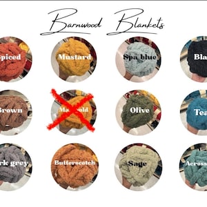 May include: A color chart titled Barnwood Blankets featuring eleven circular swatches of chunky yarn in various colors: spiced, mustard, spa blue, black, brown, olive, teal, dark grey, butterscotch, sage, and across isle, with one crossed out.