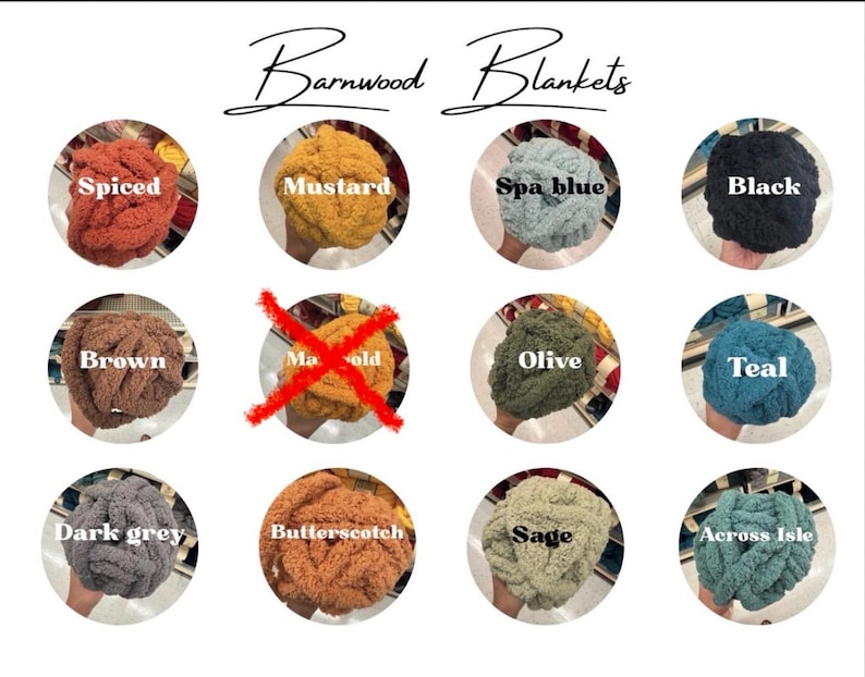 May include: A color chart titled Barnwood Blankets featuring eleven circular swatches of chunky yarn in various colors: spiced, mustard, spa blue, black, brown, olive, teal, dark grey, butterscotch, sage, and across isle, with one crossed out.