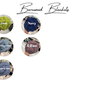 May include: A collection of five circular swatches of chunky knit blankets labeled Barnwood Blankets. The colors include lime, navy, nice to see blue, lilac, and country blue. Each swatch displays a thick, soft, textured yarn material.