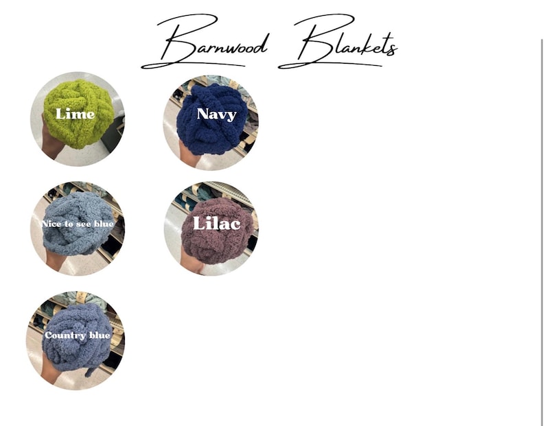 May include: A collection of five circular swatches of chunky knit blankets labeled Barnwood Blankets. The colors include lime, navy, nice to see blue, lilac, and country blue. Each swatch displays a thick, soft, textured yarn material.