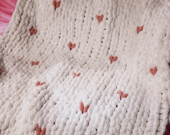 Handmade Chunky Knit Throw Blanket: White Chenille with Hearts
