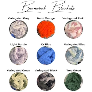 May include: A color chart for Barnwood Blankets featuring nine circular yarn samples in variegated grey, neon orange, variegated pink, light purple, KY blue, variegated blue, variegated green, variegated black, and tree green colors.