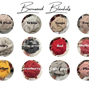 May include: A collection of twelve circular swatches of chunky yarn labeled Barnwood Blankets, featuring colors including soft pink, white, taupe, truffle, ivory, grey/green, red, mulberry, yellow, cranberry, light grey, and pink in a grid layout.