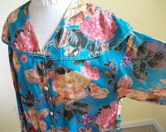 Sheer Cotton Turquoise Rich Floral Design Vintage Full Surround Unusual Blouse