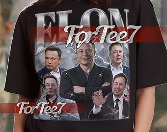 May include: Black unisex t-shirt with a silver graphic of the word "ELON" with the text "For Tee7" in red. The graphic features a collage of images of Elon Musk.