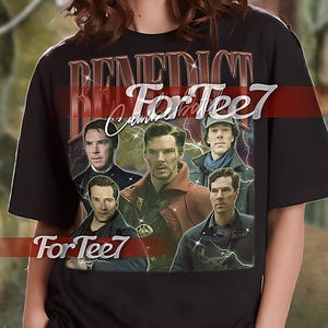 May include: Black unisex t-shirt with a graphic print of Benedict Cumberbatch in various roles, including Sherlock Holmes and Doctor Strange. The text "Benedict Cumberbatch For Tee7" is printed on the shirt.