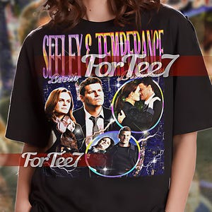 May include: Black unisex t-shirt with a graphic print of four images of actors from the TV show "Supernatural". The text "Seeley & Temperance Booth For Tee7" is printed on the shirt.
