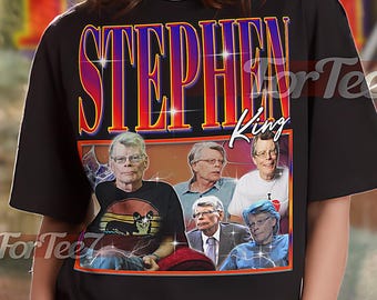 May include: Black unisex t-shirt featuring the name "STEPHEN KING" in a retro font with a portrait of Stephen King. The shirt includes the text "For Teez" and "UNISEX SHIRT".