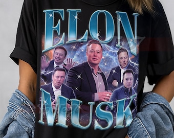 May include: Black unisex t-shirt featuring a graphic of Elon Musk with the text "ELON MUSK" in a blue, stylized font. The design includes multiple images of Elon Musk against a background of lightning and stars. The shirt is a classic crew neck.