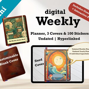 Könnte beinhalten: Digitaler Wochenplaner mit drei Covern und 100 Stickern. Das Bild zeigt ein Tablet mit einem farbenfrohen Cover-Design sowie zwei Mini-Notizbücher. Der Text enthält "Undatiert | Hyperlink" und "Enthält GoodNotes + interaktive PDFs".