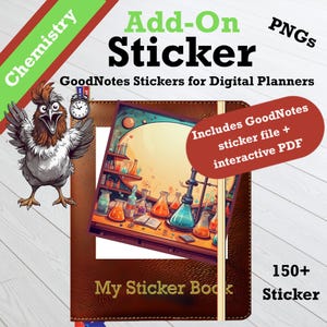 Könnte beinhalten: Digitales Sticker-Set für GoodNotes-Planer. Das Bild zeigt ein braunes, ledergebundenes Stickerbuch mit einer farbenfrohen Illustration eines Chemielabors. Der Text enthält "Add-On Sticker", "GoodNotes Stickers" und "My Sticker Book".