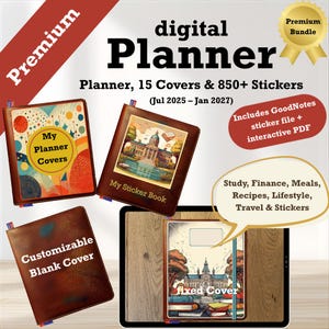 Könnte beinhalten: Digitaler Planer mit 15 Covern und über 850 Stickern, einschließlich GoodNotes-Dateien. Die Planer-Cover sind braun mit farbenfrohen Designs und Text. Der Planer umfasst Studium, Finanzen, Mahlzeiten, Rezepte, Lifestyle, Reisen und Sticker.