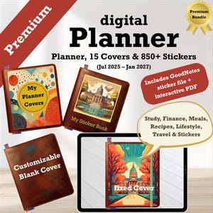 Könnte beinhalten: Digitales Planer-Bundle mit 15 Covern und über 850 Stickern. Enthält eine GoodNotes-Stickerdatei und ein interaktives PDF. Bietet eine anpassbare leere Hülle und feste Hüllenoptionen. Planer-Cover mit farbenfrohen Designs und Text.