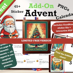 Könnte beinhalten: Ein Adventskalender-Add-on mit Aufklebern und interaktivem PDF. Das Bild zeigt einen Weihnachtsmann-Aufkleber, eine Weihnachtsbaum-Illustration und den Text "25 Days of Festive Fun!" Der Kalender enthält eine "Limited Free Version".