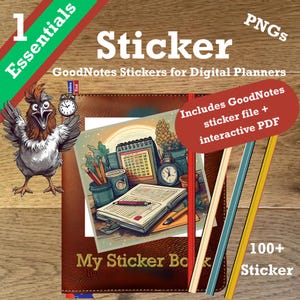 Könnte beinhalten: Digitales Planer-Aufkleber-Set mit braunem, ledergebundenem Einband. Das Bild zeigt einen Cartoon-Hahn, eine Uhr und den Text "Sticker" und "GoodNotes Stickers for Digital Planners". Das Set enthält über 100 Aufkleber und ein interaktives PDF.
