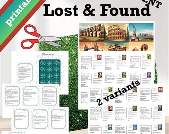 May include: Printable "Lost & Found" advent calendar with various travel-themed images and text. Includes scissors, glitter, and snowflake designs. The word "Advent" is displayed at the top right.
