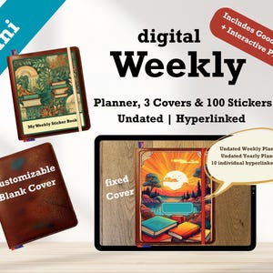 Könnte beinhalten: Digitaler Wochenplaner mit drei Covern und 100 Stickern. Das Bild zeigt ein Tablet mit einem festen Cover-Design und zwei zusätzlichen Covern. Der Planer ist undatiert und hyperverlinkt. Enthält GoodNotes und interaktive PDFs.