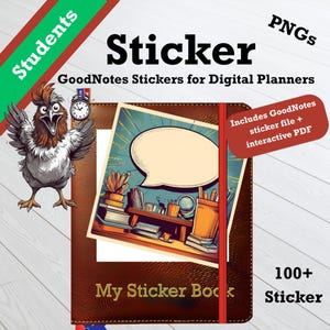 Könnte beinhalten: Ein digitales Stickerbuch-Cover mit dem Text "Sticker" und "GoodNotes Stickers für digitale Planer". Das Cover zeigt einen Cartoon-Hahn, eine Sprechblase und die Worte "My Sticker Book". Enthält über 100 Sticker.