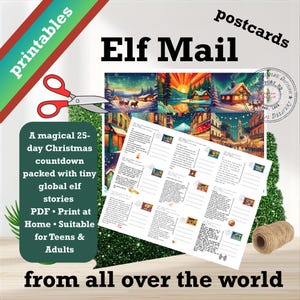 Könnte beinhalten: Ein Bild, das "Elf Mail"-Postkarten bewirbt, einen 25-tägigen Weihnachtscountdown mit globalen Elfengeschichten. Das Bild enthält eine Schere, eine Schnurrolle und den Text "Printables" und "from all over the world."