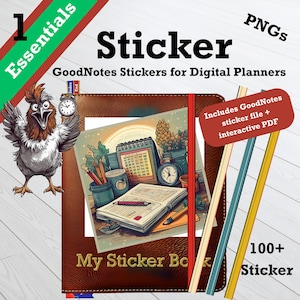Könnte beinhalten: Digitales Planer-Aufkleber-Set mit einem braunen, ledergebundenen Notizbuch. Das Bild enthält einen Cartoon-Hahn, einen Kalender, Bleistifte und den Text "Sticker" und "GoodNotes Stickers for Digital Planners". Enthält über 100 Aufkleber.