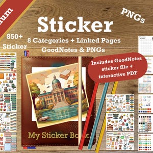 Könnte beinhalten: Ein digitales Sticker-Set mit über 850 Stickern, 8 Kategorien und verknüpften Seiten. Das Set enthält GoodNotes-Stickerdateien und ein interaktives PDF. Das Cover des Stickerbuchs ist braun mit dem Text "My Sticker Book".