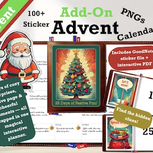 Puede incluir: Complemento de calendario de Adviento con pegatinas y PDF interactivo. Presenta una pegatina de Papá Noel, un árbol de Navidad y un calendario con ilustraciones festivas. Incluye el texto "25 días de sorpresas acogedoras".