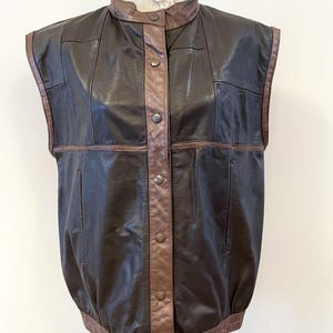 80s Brown Leather Unisex Steampunk Vest Snap Button Genuine Leather Waistcoat Biker Motorcycle Vest Fetish Oversized Hand Made Size L/XL