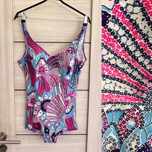 Maillot de bain vintage des années 90 pour femme maillot de bain rétro violet floral abstrait bleu une pièce maillot de bain classique suite de bain élastique taille 48 / 2XL-3XL