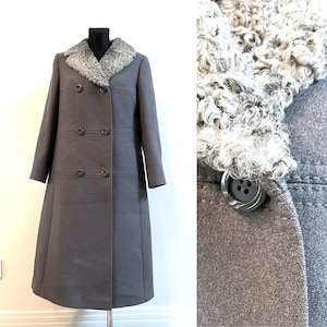 Vintage 80er 90er Mantel Grau Elegant Englischer Stil Caracul Pelzkragen Klassisch Business Damen Oberbekleidung Wolle Trenchcoat Herbst / Winter Größe M