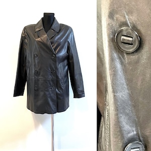 Womens Black Soft Leather Jacket Light Weight Trench Coat Vintage Blazer Double Breasted Leather Shirt Size M/L