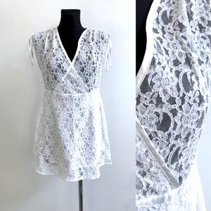 Vintage Lace Long Top White Floral Pullover Tunic White Sleeveless Shirt Evening Summer Blouse Super Mini Sexy Lace Dress Size S/M