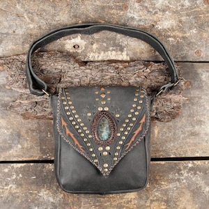 Handmade Leather Sling Bag with Adjustable Belt || Leather Cross Body Bag with labradorite gemstone For Unisex ||